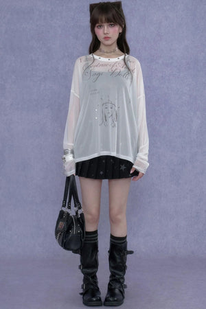 White Mesh Sun Protection Blouse Set-Up