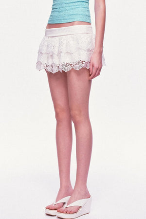 White Multi-Layered Ruffle Lace Mini Skirt
