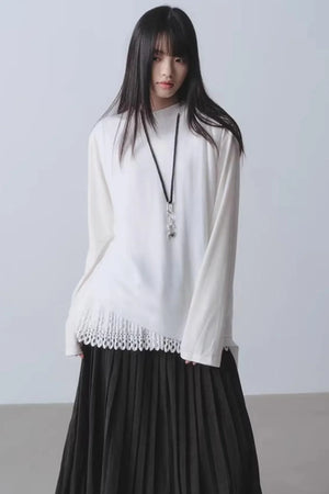White Patchwork V-Neck Top