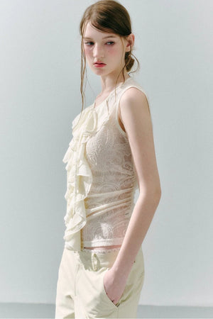 White Peach Wool Lace Ruffle Vest