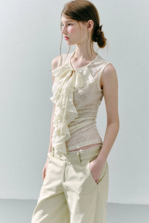 White Peach Wool Lace Ruffle Vest