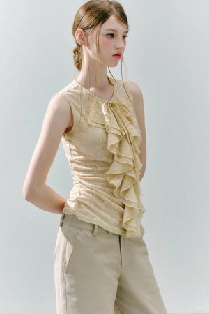 White Peach Wool Lace Ruffle Vest