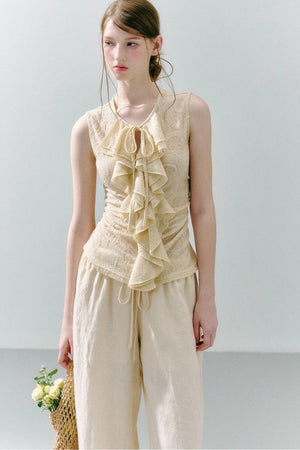 White Peach Wool Lace Ruffle Vest