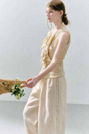 White Peach Wool Lace Ruffle Vest