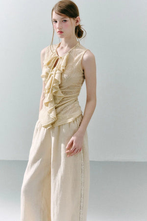 White Peach Wool Lace Ruffle Vest