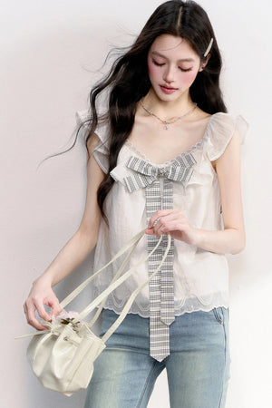 White Plaid Bow Flutter Top
