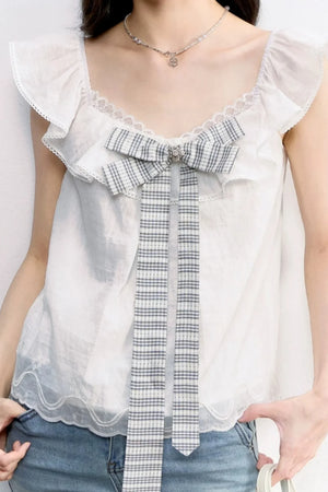 White Plaid Bow Flutter Top