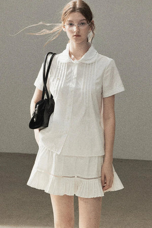 White Pleated Shirt And Skirt Set-Up