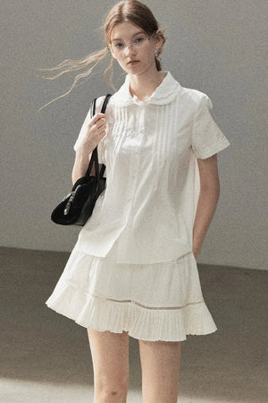 White Pleated Shirt And Skirt Set-Up