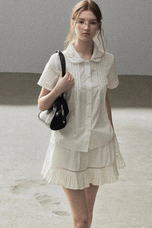 White Pleated Shirt And Skirt Set-Up