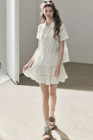 White Pleated Shirt And Skirt Set-Up