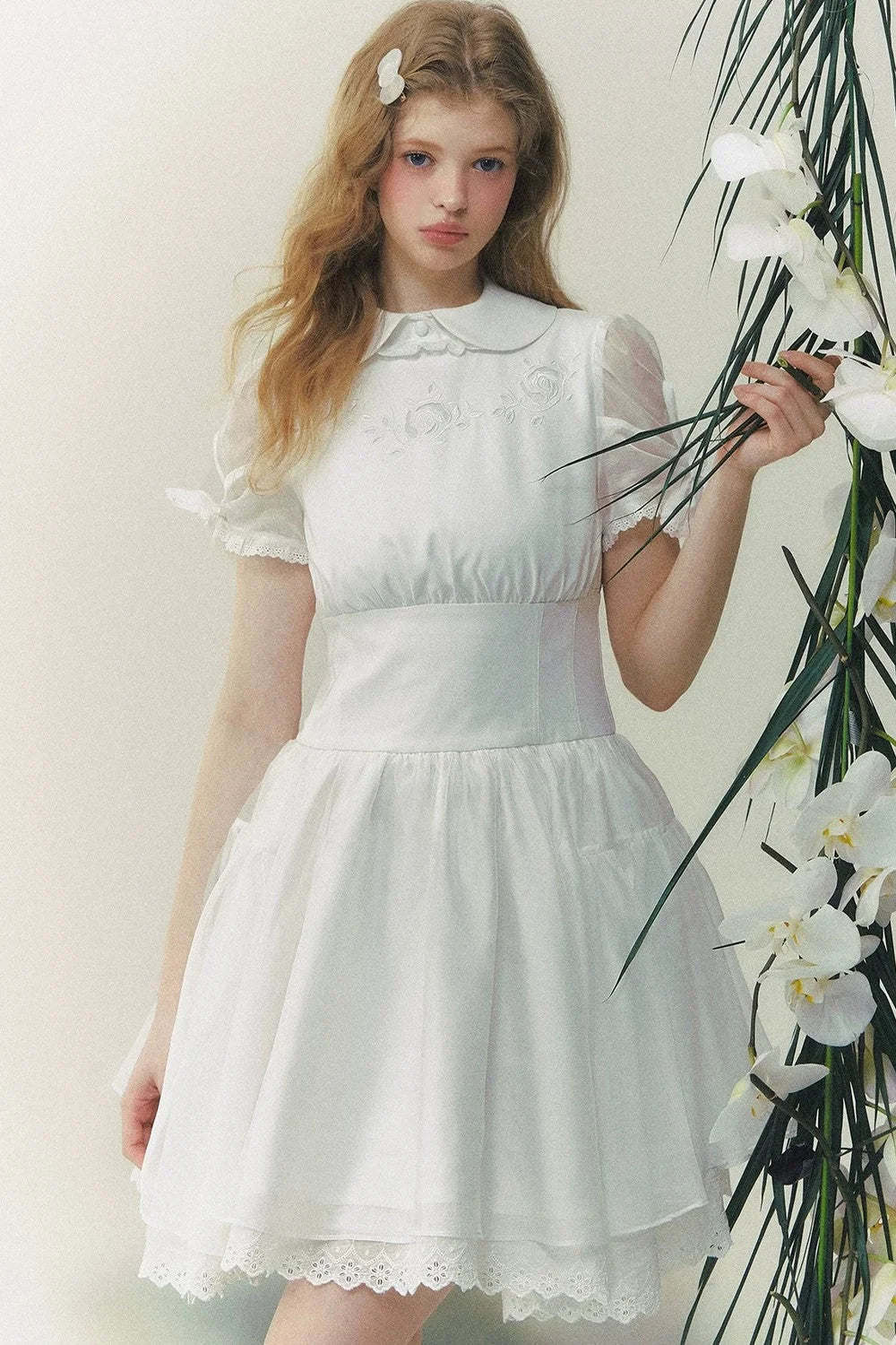 White Rose Embroidered Princess Midi Dress