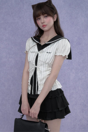 White Sailor-Collar Striped Top