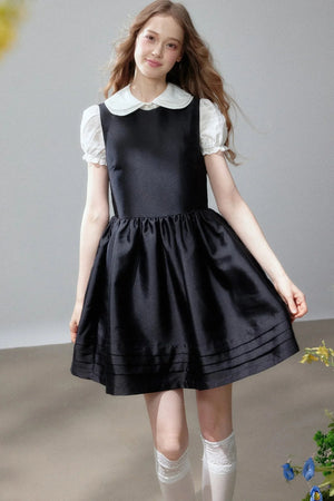 White Shirt and Sleeveless Little Black Puff Dress Set-Up