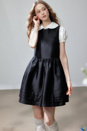 White Shirt and Sleeveless Little Black Puff Dress Set-Up