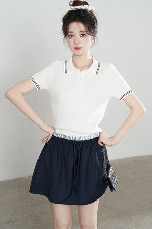 White Short-Sleeved Knit Polo T-Shirt and Skirt Set-Up