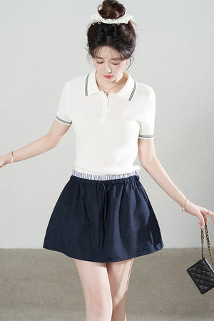 White Short-Sleeved Knit Polo T-Shirt and Skirt Set-Up