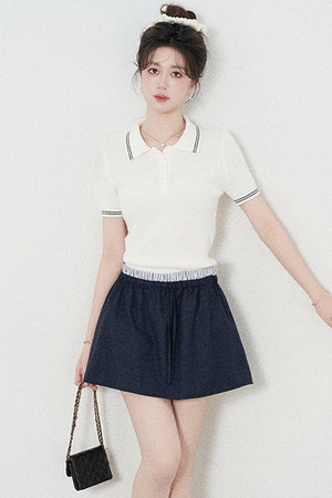 White Short-Sleeved Knit Polo T-Shirt and Skirt Set-Up