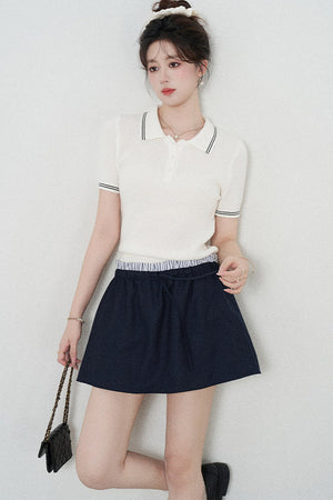 White Short-Sleeved Knit Polo T-Shirt and Skirt Set-Up