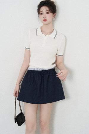 White Short-Sleeved Knit Polo T-Shirt and Skirt Set-Up