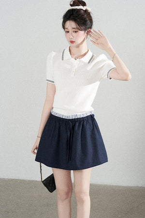White Short-Sleeved Knit Polo T-Shirt and Skirt Set-Up