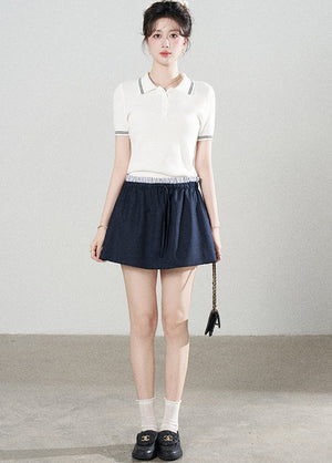 White Short-Sleeved Knit Polo T-Shirt and Skirt Set-Up