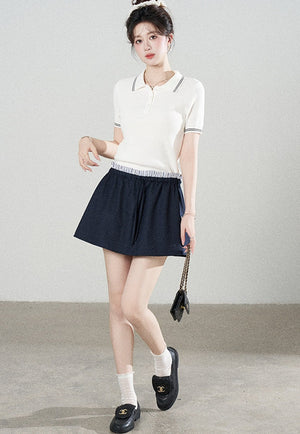 White Short-Sleeved Knit Polo T-Shirt and Skirt Set-Up