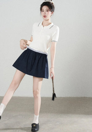 White Short-Sleeved Knit Polo T-Shirt and Skirt Set-Up