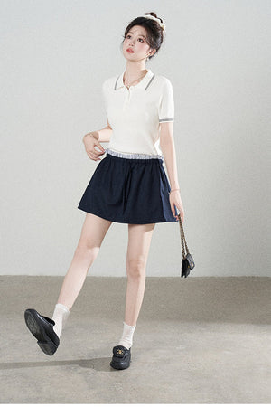 White Short-Sleeved Knit Polo T-Shirt and Skirt Set-Up