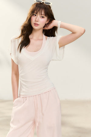 White T-Shirt and Pink Halter Neck Tank Top Set