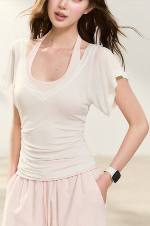 White T-Shirt and Pink Halter Neck Tank Top Set
