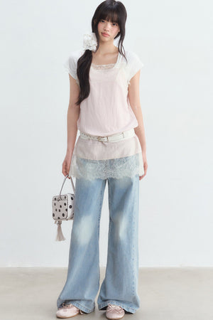 White U-Neck Top and Pink Suspender Set-Up