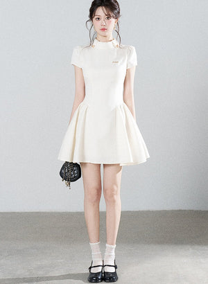 White Waist-Cinching A-Line Dress