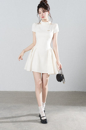 White Waist-Cinching A-Line Dress