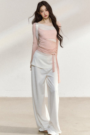 White Waistband Straight-Leg Pants