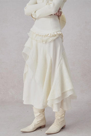 White Wool Lace Asymmetrical Skirt