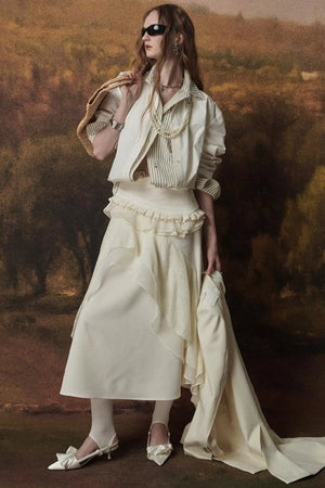 White Wool Lace Asymmetrical Skirt