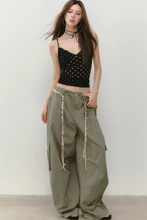 Wide-Leg Beaded Work Pants