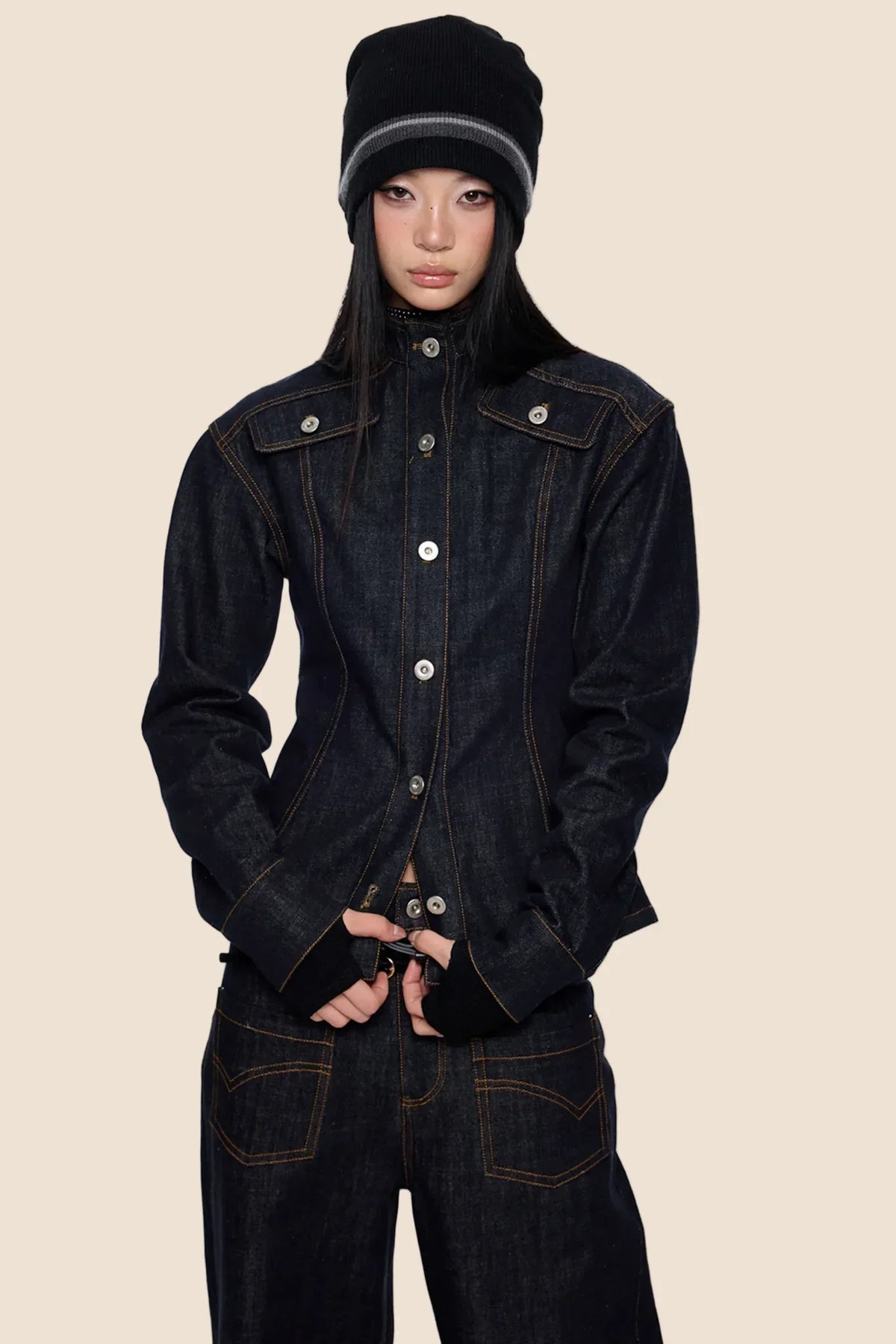 Wide-Shoulder Denim Jacket Set-Up