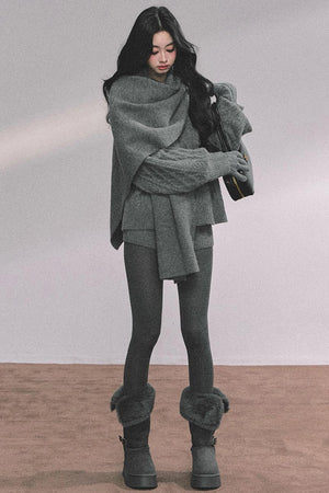 Winter Knitted Scarf Sweater Shorts Set-Up