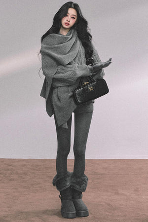 Winter Knitted Scarf Sweater Shorts Set-Up