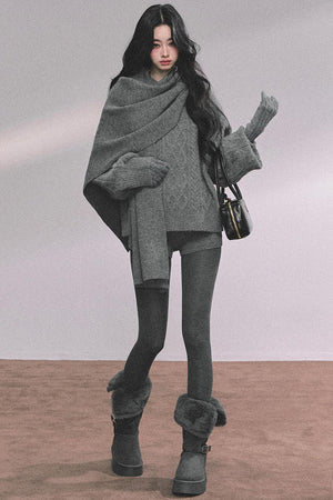 Winter Knitted Scarf Sweater Shorts Set-Up