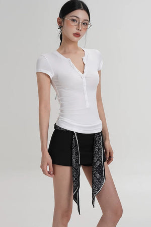 Wool Henley V-Neck Short Sleeve Top