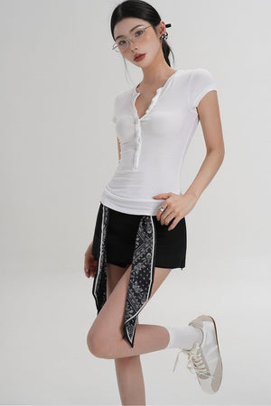 Wool Henley V-Neck Short Sleeve Top