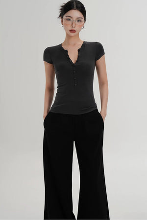 Wool Henley V-Neck Short Sleeve Top