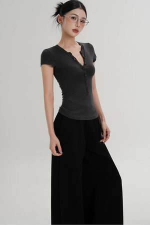 Wool Henley V-Neck Short Sleeve Top