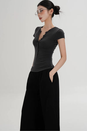 Wool Henley V-Neck Short Sleeve Top