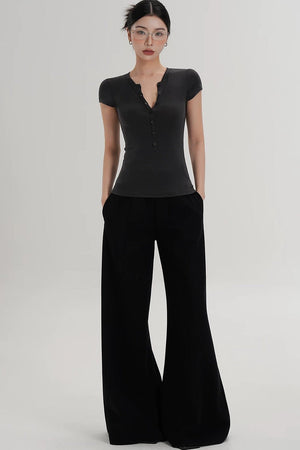 Wool Henley V-Neck Short Sleeve Top