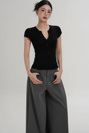 Wool Henley V-Neck Short Sleeve Top