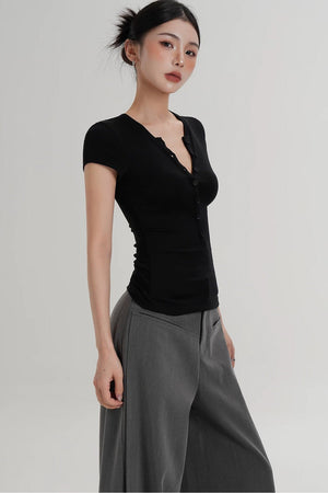 Wool Henley V-Neck Short Sleeve Top
